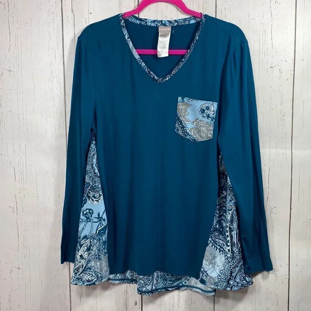 Chico’s Blue Paisley Mixed Media Tunic Top Size L Boho Artsy Lagenlook Coastal